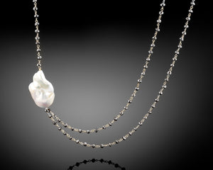 "Stardust"- Keshi Baroque Pearl & Diamonds Long Necklace.