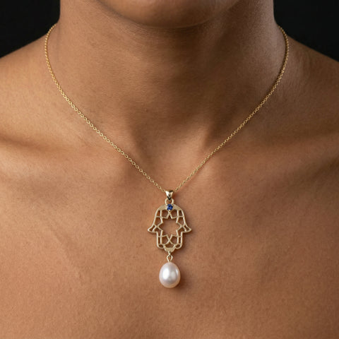 Celestial Hamsa - Gold  Pearl Pendant