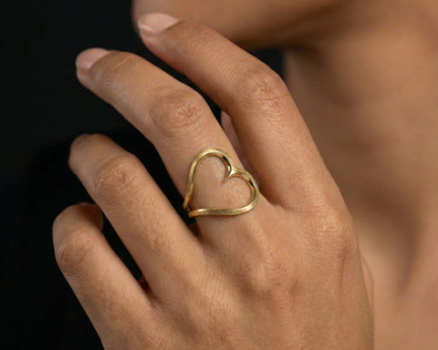 Hand wearing a gold heart-shaped ring on a dark background