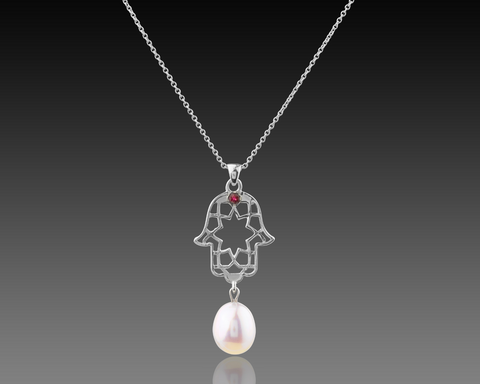 Celestial Hamsa - Gold  Pearl Pendant