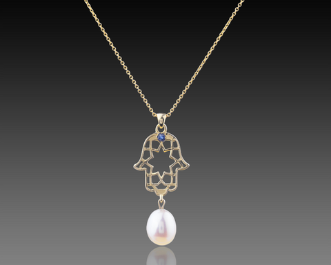 Celestial Hamsa - Gold  Pearl Pendant