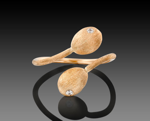 Abalone open bypass ring in rose gold with two diamond nuggets