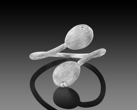 Abalone open bypass ring in white gold with two diamond nuggets