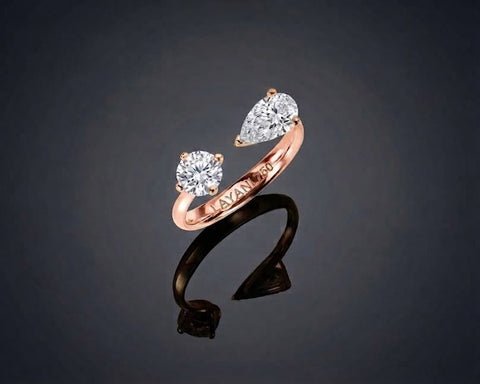 Aria open ring in rose gold with round and pear shaped diamonds