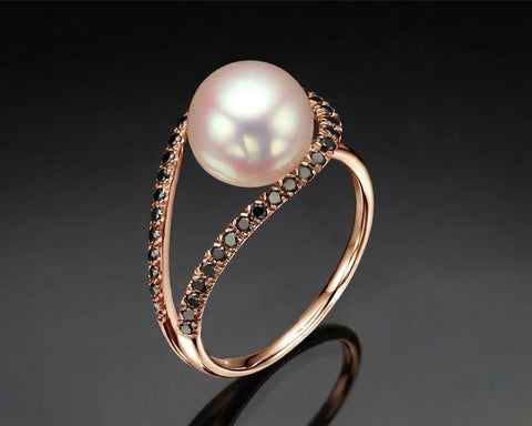 Bouton pearl ring in rose gold with black diamond pave
