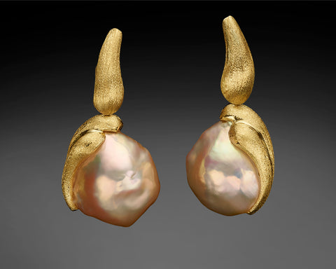 Handmade 18K gold convertible earrings set with natural Baroque Keshi pearls, 17 x 18 mm