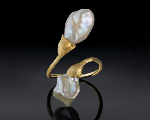 Hedva Pearl Ring in 14K yellow gold, two freshwater keshi pearls held in brushed gold caps sculpted to fit each pearl