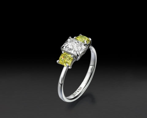 Side view of the ring showing the setting and the profile of the three stones