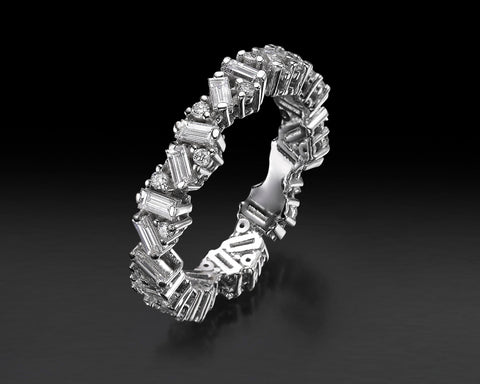 Full eternity ring in 18K white gold, angled baguette diamonds with round stones between them