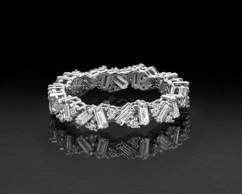 The eternity ring seen upright, the diagonal pattern continuing the whole way around