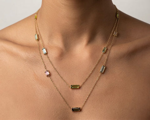 Lightline double strand tourmaline necklace worn on neck