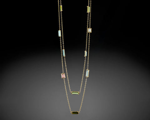 Lightline double strand necklace with 12 pastel tourmalines in yellow gold