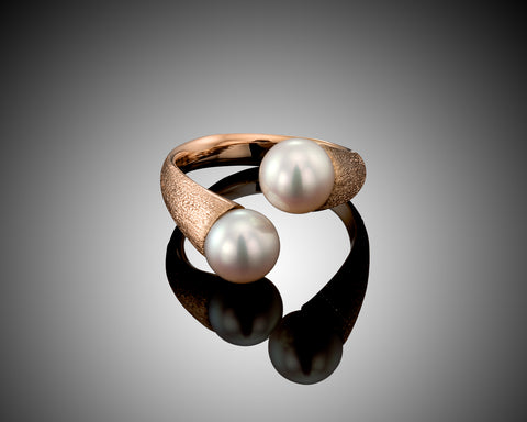Handmade 18K rose gold twisted open ring with two white freshwater pearls