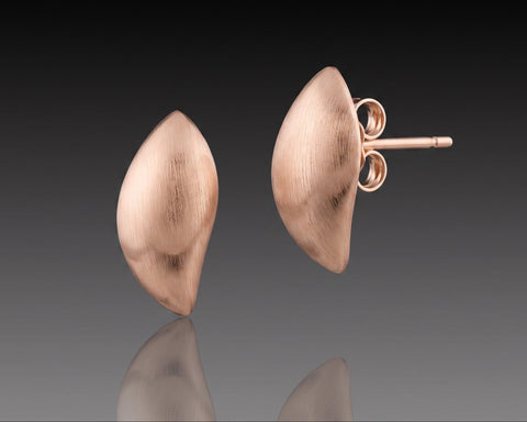 Handmade brushed rose gold leaf shaped ear studs