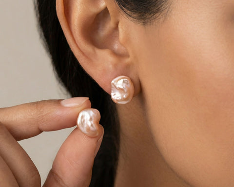 Sound Keshi pearl stud earring worn on the ear