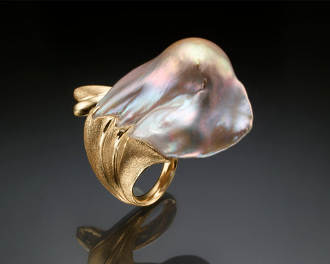 Handmade 18K gold open ring set with two Keshi baroque pearls, 16 X 9 mm each