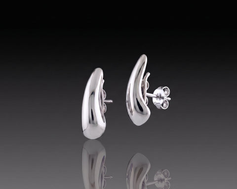 Handmade polished white gold curved drop ear studs