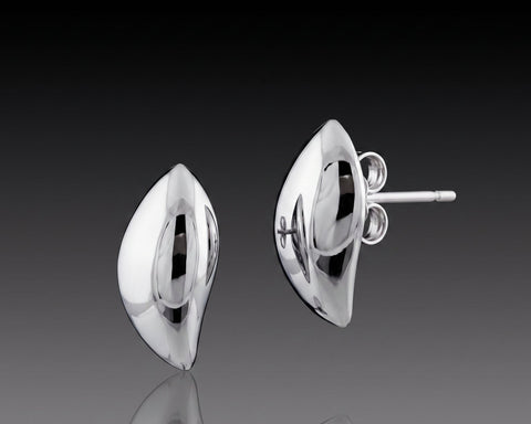 Handmade polished white gold leaf shaped ear studs