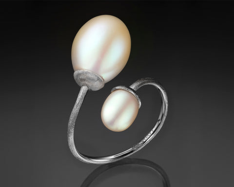 Second angle of a white gold open ring with two white drop pearls
