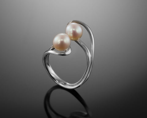 Handmade 18K white gold open ring with two white freshwater pearls