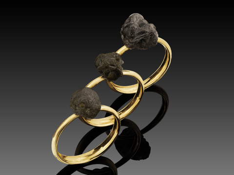 Three Comet rings, raw grey and green diamonds on two-tone matte and polished 14K yellow gold bands, by LAYANI Fine Jewelry Jerusalem