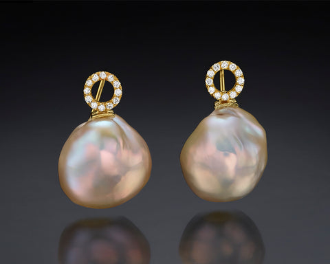 Handmade 14K yellow gold hook earrings with pink toned Keshi pearls and a diamond set circle