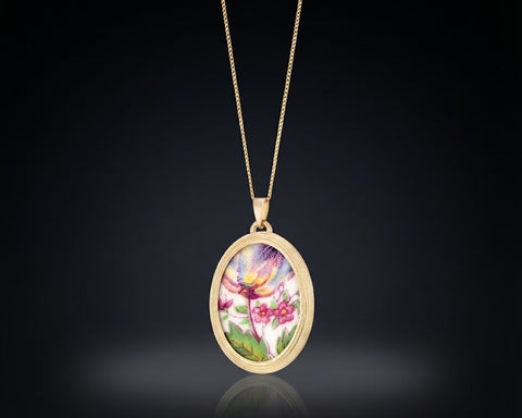 14K yellow gold engagement plate pendant with fine chain on black background