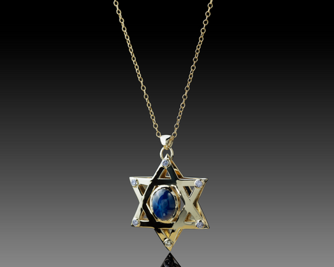 18K gold Star of David pendant set with a star sapphire and six diamonds, engraved in Rashi script