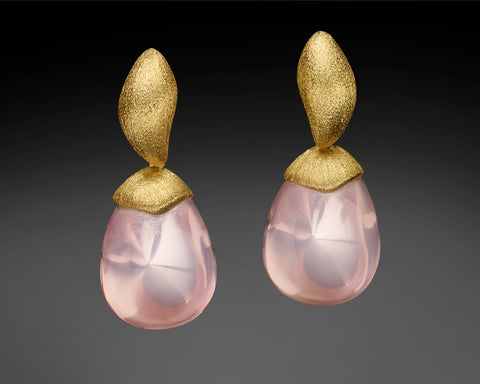 Handmade 18K yellow gold drop earrings with pear shaped rose quartz cabochons