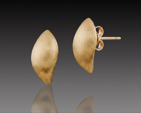 Handmade brushed yellow gold leaf shaped ear studs