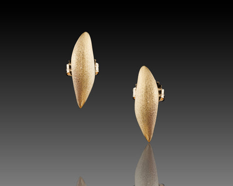 Handmade brushed yellow gold pointed marquise ear studs