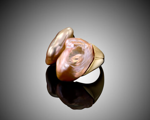 Sky Ring – 18K Gold Open Ring with Two Keshi Baroque Pearls