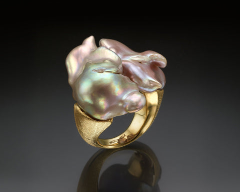 Handmade 18K gold open ring set with two oversized baroque Keshi pearls with purple overtones