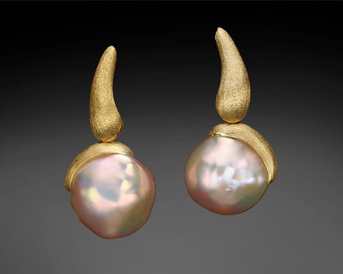 Handmade 18K gold convertible earrings with natural Keshi baroque pearls, 17 x 18 mm each