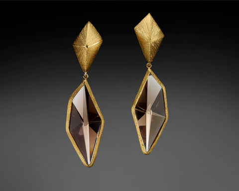 Handmade 18K gold dangle earrings with faceted smoky quartz in a diamond shape
