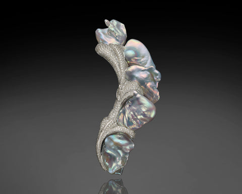 Handmade 18K white gold brooch with five silver white baroque pearls and 2.52 carat D VS1 diamonds