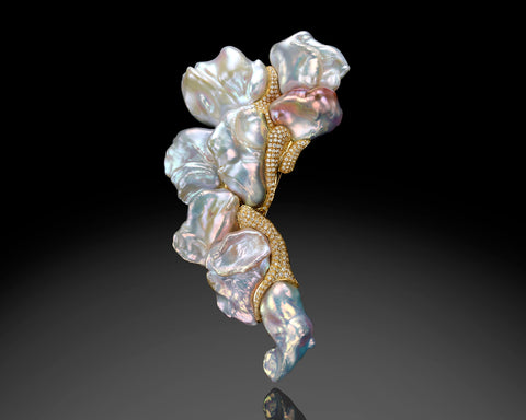 Handmade 18K white gold brooch with eight multi colour Keshi baroque pearls and 1.19 carat D VS1 diamonds