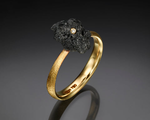 Comet ring, 3.42 carat raw black diamond with an inset white diamond, brushed 18K yellow gold band, by LAYANI Fine Jewelry Jerusalem