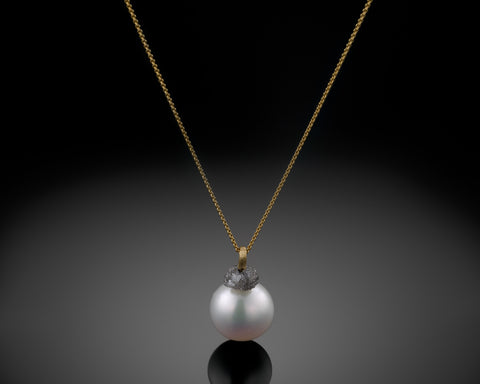Earth necklace, raw grey diamond on a white freshwater pearl, 18K yellow gold rolo chain, by LAYANI Fine Jewelry Jerusalem