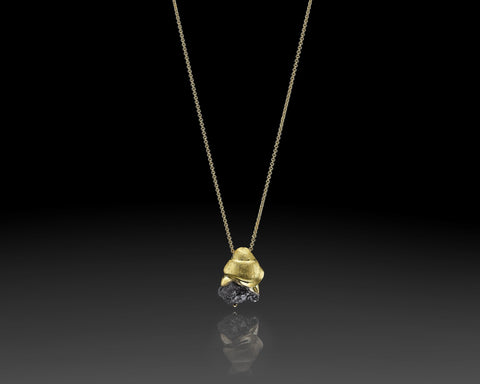 Gravity pendant, 3 carat raw black diamond in a hand carved 14K yellow gold nugget on a rolo chain, by LAYANI Fine Jewelry Jerusalem