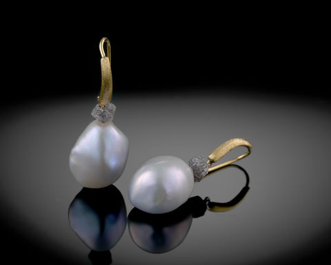 Luna hook earrings, keshi baroque pearls with raw grey diamonds in 18K yellow gold, by LAYANI Fine Jewelry Jerusalem