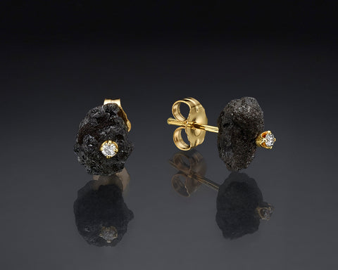 Mist black rough diamond stud earrings in 14K yellow gold, LAYANI Fine Jewelry
