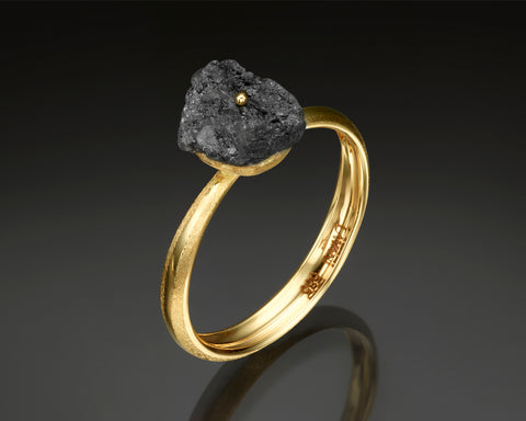 Outburst black rough diamond solitaire ring in 18K yellow gold, LAYANI Fine Jewelry