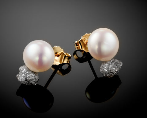 Venus stud earrings, freshwater pearls with raw grey diamonds in 18K yellow gold, by LAYANI Fine Jewelry Jerusalem